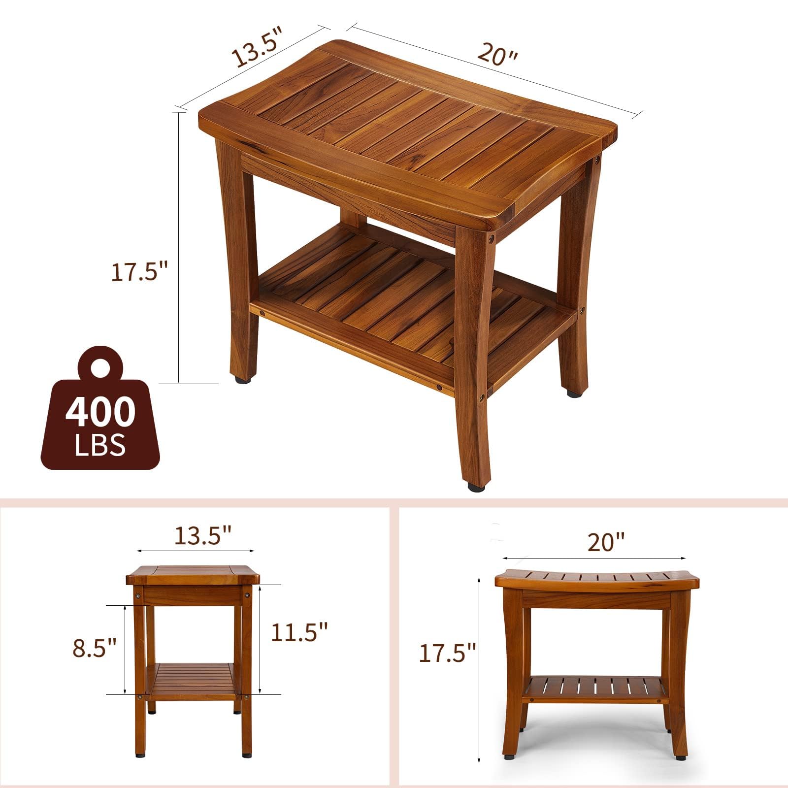 TEAKMAMA 20" Teak Shower Bench Waterproof Wooden Chair for Inside Use, Teak Shower Stool with Shelf for Bathroom, Durable Bath Bench for Elderly, Assembly Required