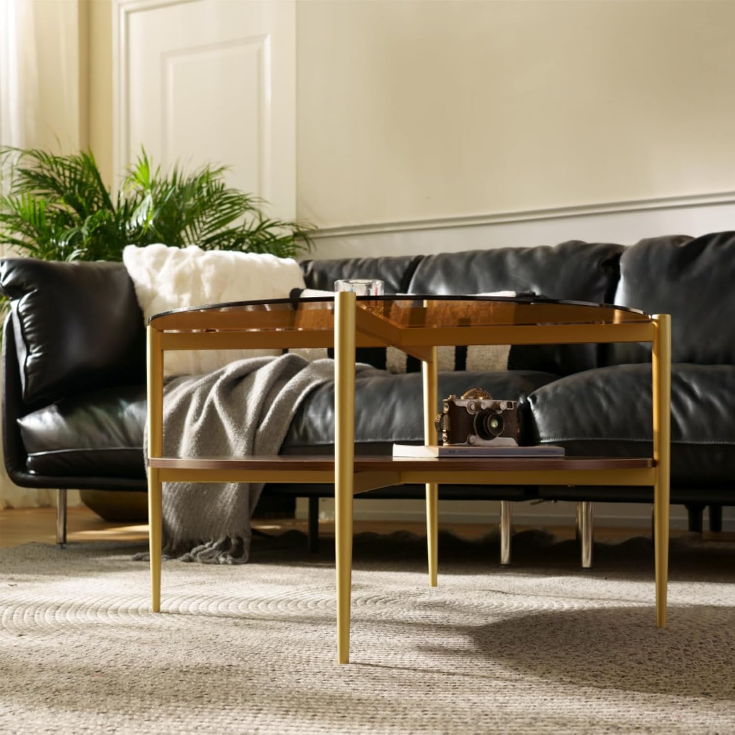 Saint Mossi Glass Round Coffee Table for Living Room, Middle-Century Modern Style, Coffee Brown Glass Top & Walnut Brown MDF Wood Top, with Gold Finish Legs & Frame