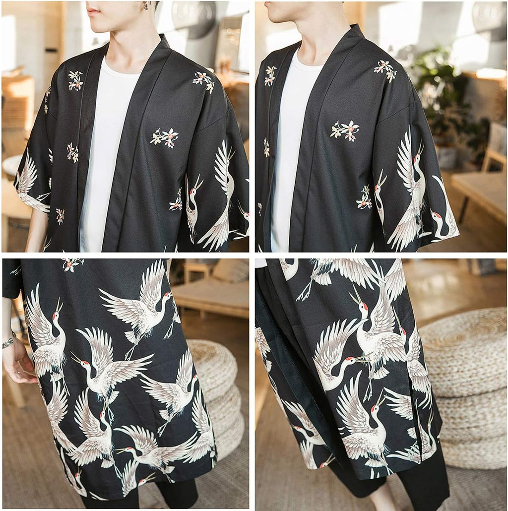 HAORUN Men Japanese Kimono Coat Loose Yukata Outwear Long Bathrobe Tops Vintage