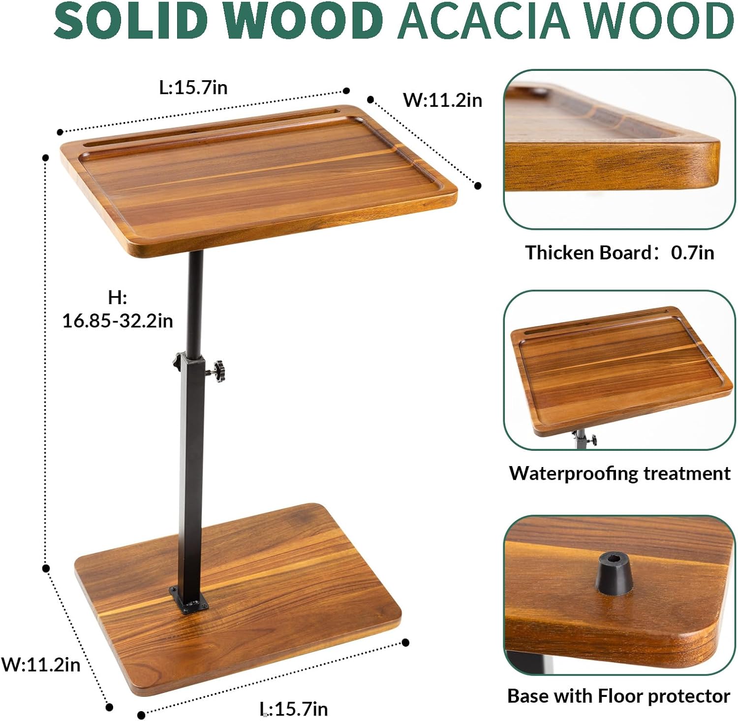 Solid Wood Acacia Wood Couch Table,360° Swivel Height Adjustable C Table with Phone & Tablet Slot,TV Trays for Eating on Couch, Bedroom or Livingroom, Oblong