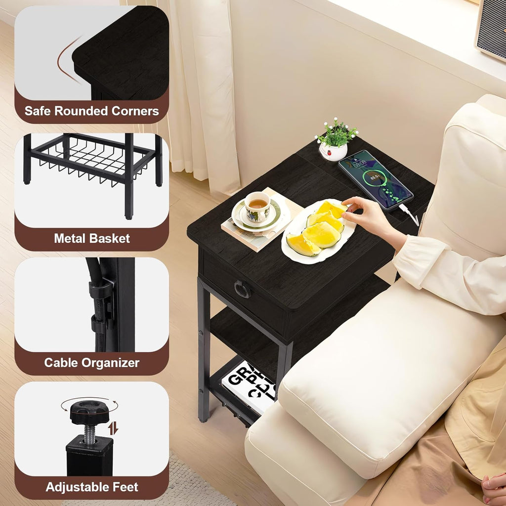 Small Black Side Table Charging Station for Bedroom, Narrow Black Living Room End Tables with Storage, Skinny USB Nightstand with Outlet, Gaming Coffee Table for Couch with USB Ports