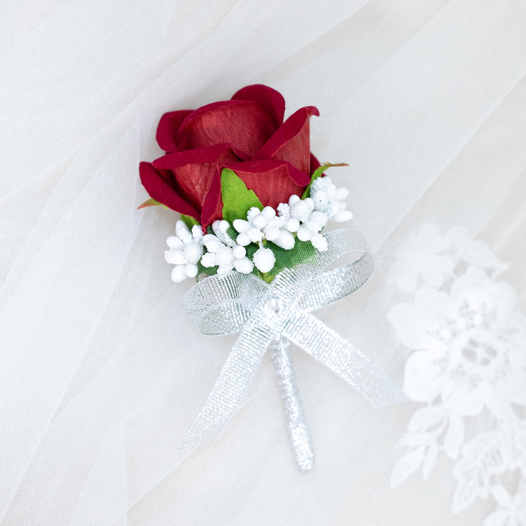 Vkkperp 2Pcs Red Artificial Rose Corsage Wristlet Band and Men Boutonniere Set, for Prom Suit Decorations Wedding Party Flower Accessories