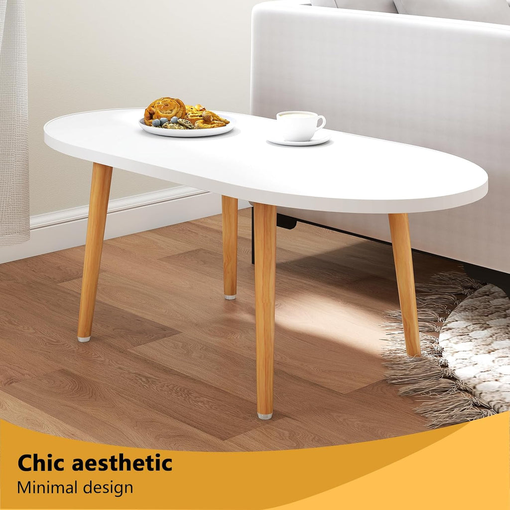 Oval Coffee Table Low Table with 4 Solid Wood Sturdy Legs, Floor Table Desk for Sitting on The Floor, Storage and Living Room Furniture (White)