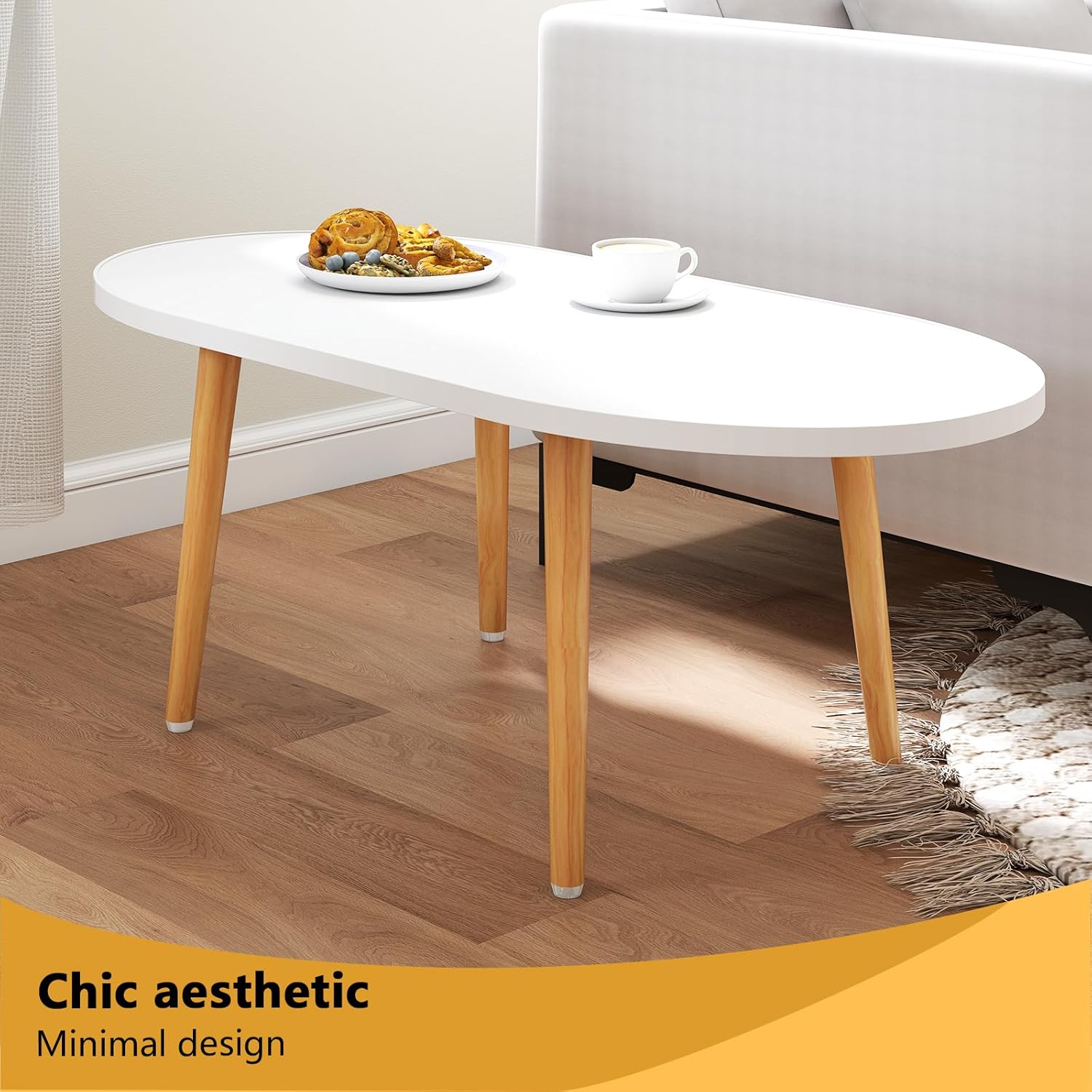 Oval Coffee Table Low Table with 4 Solid Wood Sturdy Legs, Floor Table Desk for Sitting on The Floor, Storage and Living Room Furniture (White)