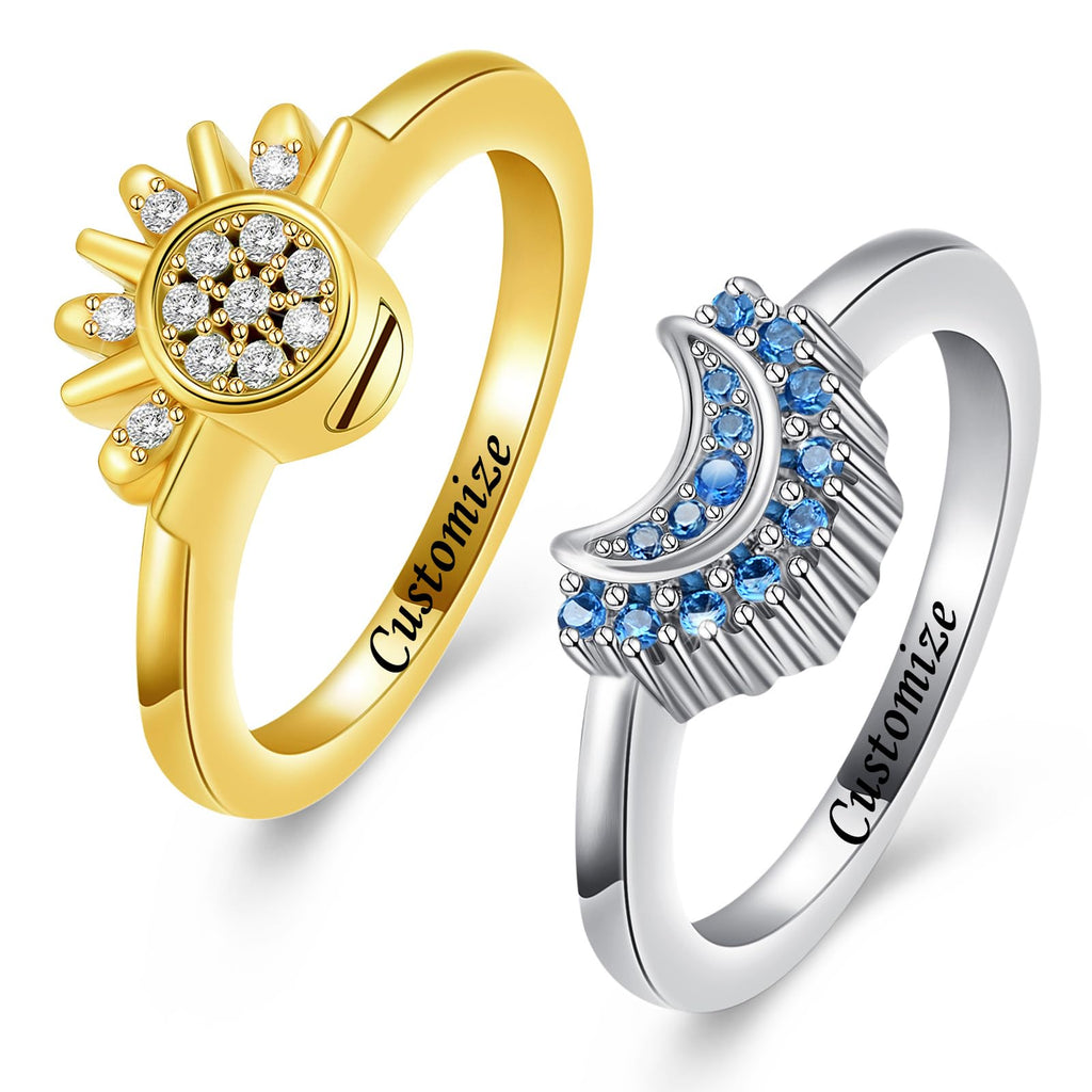 Cremation Jewelry for Ashes Rings - Celestial Sun and Moon Ring Set,Sparkling Sun Ring/Blue Moon Ring/Silver Plating,Friendship Promise Ring,Stackable Celestial Rings,Gift for Women/Girls