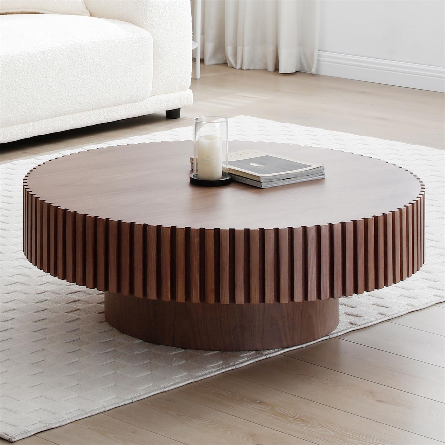 LKTART Round Coffee Table for Living Room, Accent Fluted Drum Coffee Table with Storage, Modern Solid Wood Veneered Circle Center Tea Table for Small Space Apartment (31.5''D×14''H-Natural)