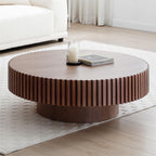 LKTART Round Coffee Table for Living Room, Accent Fluted Drum Coffee Table with Storage, Modern Solid Wood Veneered Circle Center Tea Table for Small Space Apartment (31.5''D×14''H-Natural)