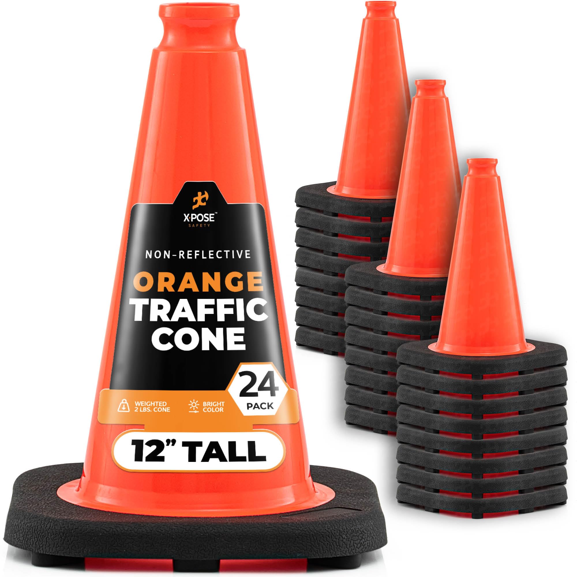 Xpose Safety 28 Inch Orange Traffic Cones Heavy Duty 10lb, 24-Pack - Multipurpose PVC Plastic Safety Cone for Parking, Soccer, Caution, Kids and Construction - DOT Approved