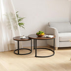 FAHKNS Nesting Coffee Table Set of 2, 27.56" & 19.68" Round Simple Industrial Side Tables for Living Room with Wood Top & Metal Base, Space-Saving Furniture for Small Spaces