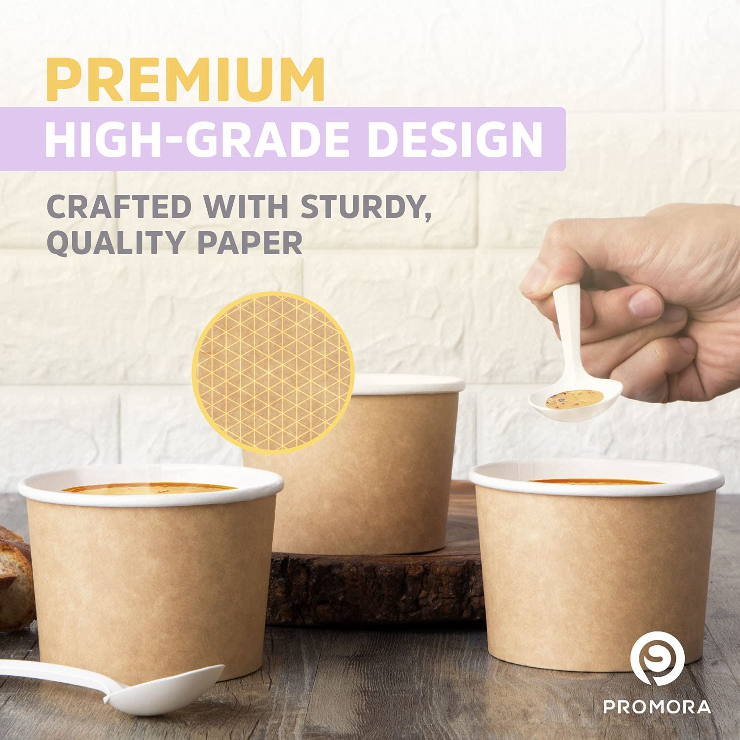 Promora 12オンス 紙製アイスクリームカップ 使い捨て 50個入り + スプーン、熱いスープ/デザート用ボウルとスプーン付き、熱い食べ物と冷たい食べ物に最適、使い捨てスープボウル、アイスクリームボウル、フローズンヨーグルト用（ブラウン 12オンス）