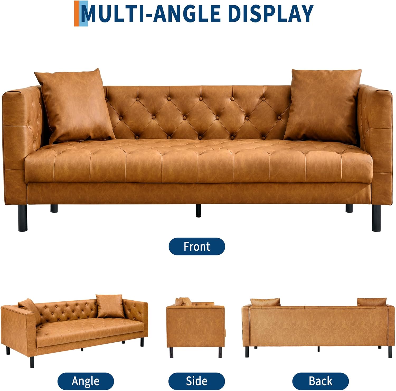 81 Inch Leather Couch for Living Room, Modern Leather Sofa with Deep Seat, Handmade Button Tufted 3 Seater Sofa, Chesterfield Couch for Apartment, Office, Cognac Tan