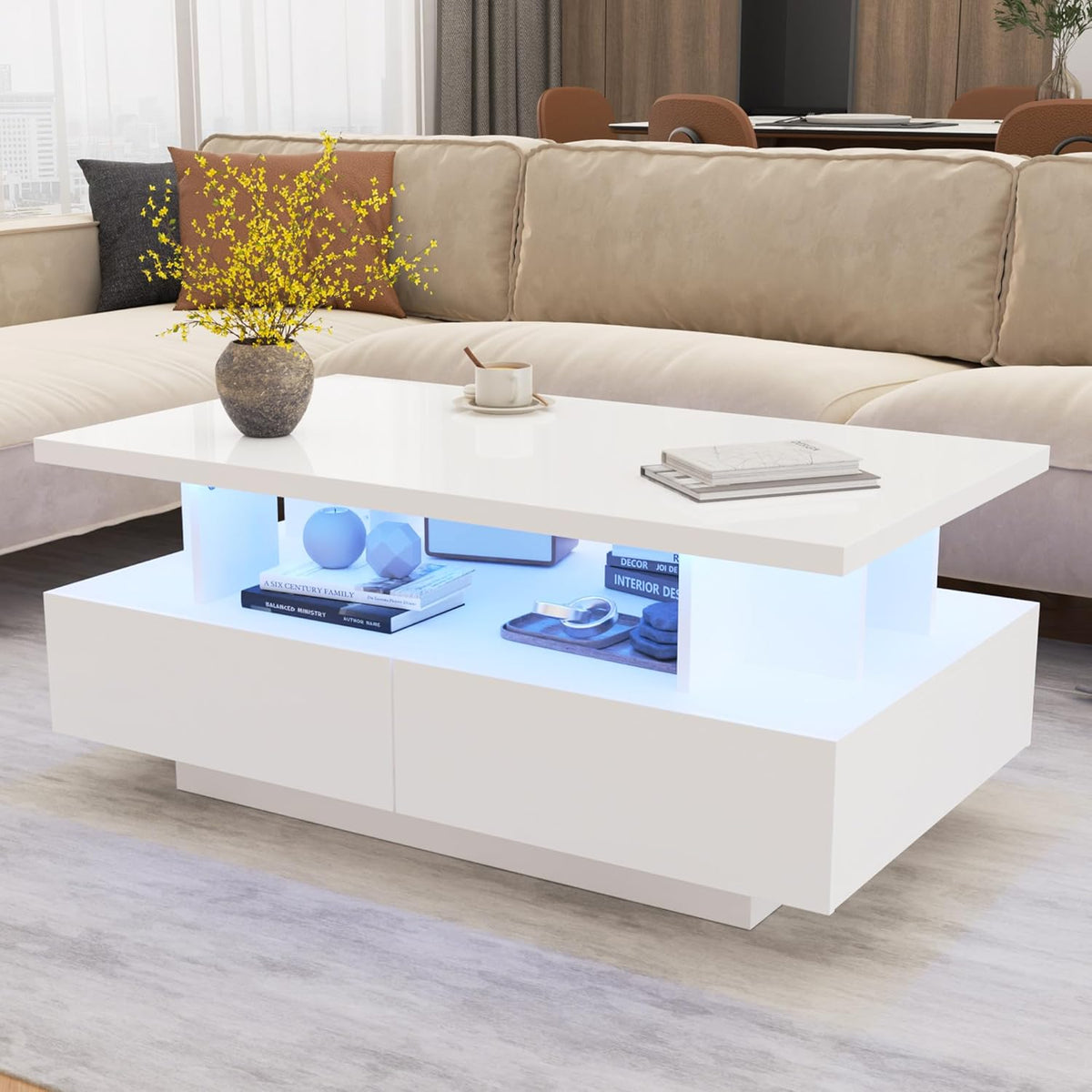MHOM 41.3" LED Coffee Table, Modern White High Gloss Living Room Table with 4 Drawers, Stylish Center Table for Living Room, Office and Apartment, White