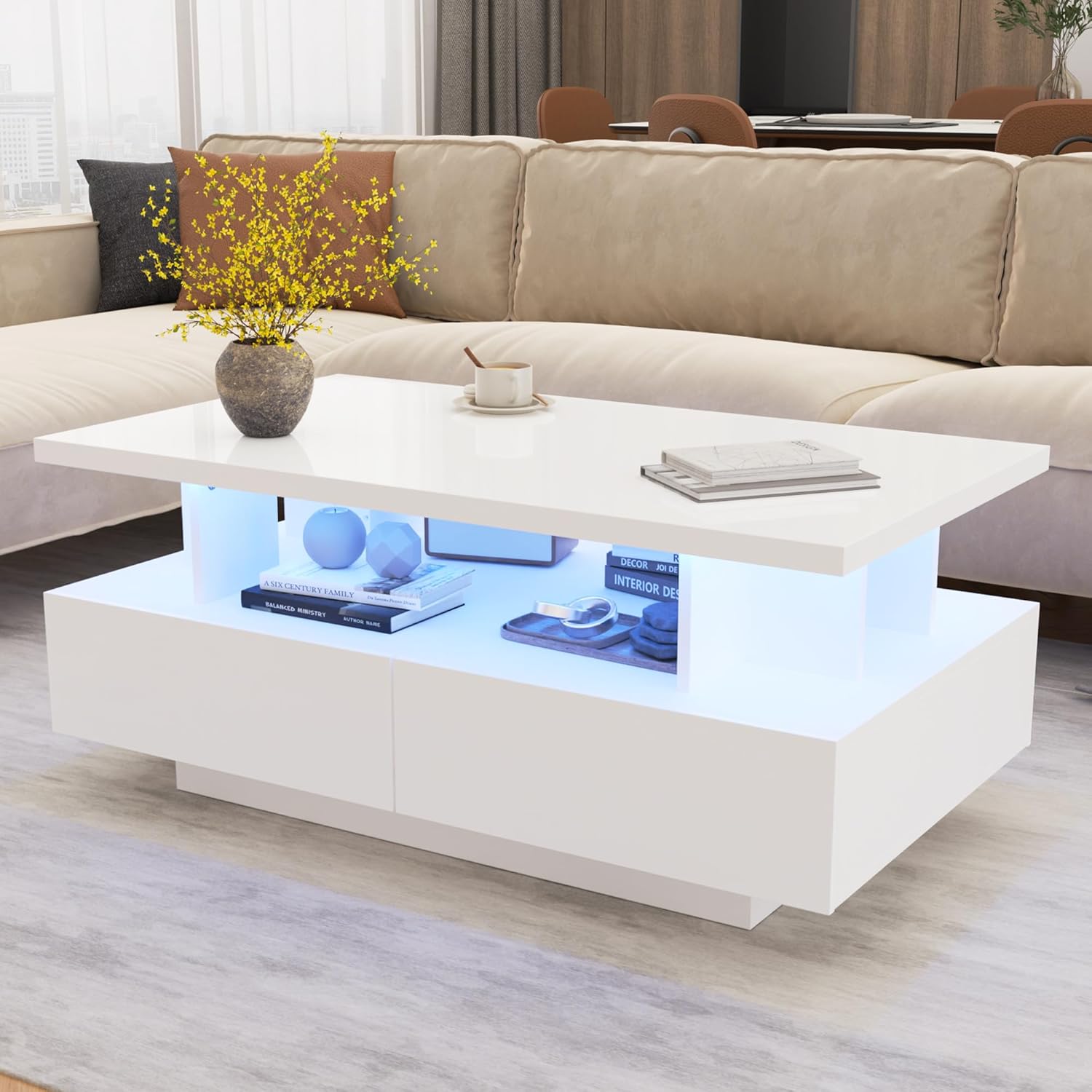 MHOM 41.3" LED Coffee Table, Modern White High Gloss Living Room Table with 4 Drawers, Stylish Center Table for Living Room, Office and Apartment, White