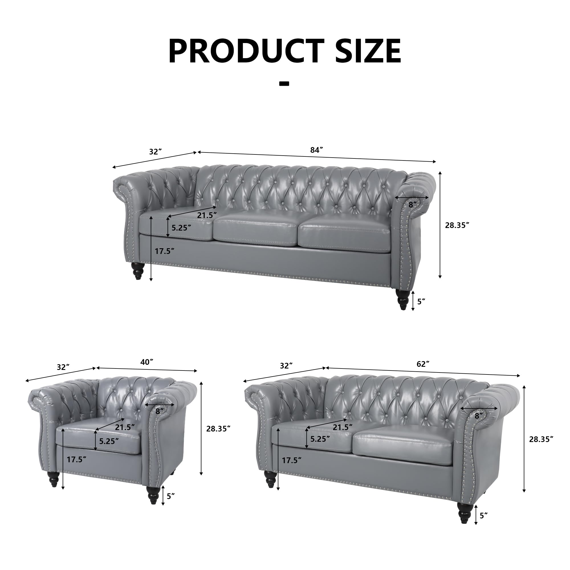 AVZEAR Chesterfield Loveseat Sofa, Upholstered Sofa Modern 2 Seater Couch Sofa Set Style Button Tufted, Mid-Century PU Chesterfield Sofa for Living Room Apartment, PU Black