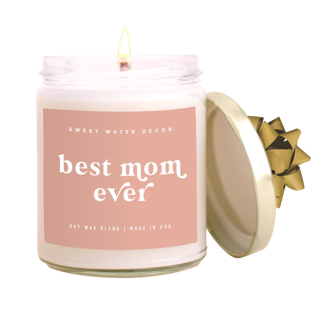 Sweet Water Decor, Best Mom Ever Candle - Sea Salt, Jasmine, Cream, and Wood Scented Soy Wax Candle for Mom - 9oz Clear Jar, 40 Hour Burn Time, Made in the USA
