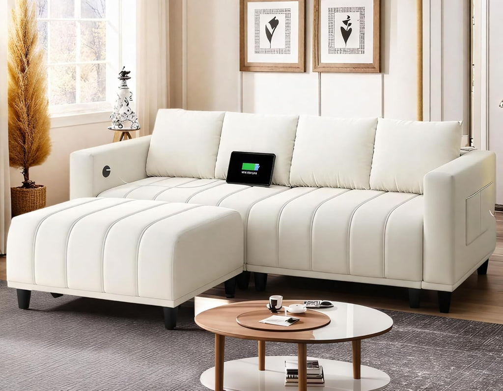YITAHOME Sectional Sofa with Ottoman, L Shaped Couch Velvet Comfy Modern Sofa 3 Seater Cloud Couch with USB & Type-C Ports for Living Room Apartment, Beige