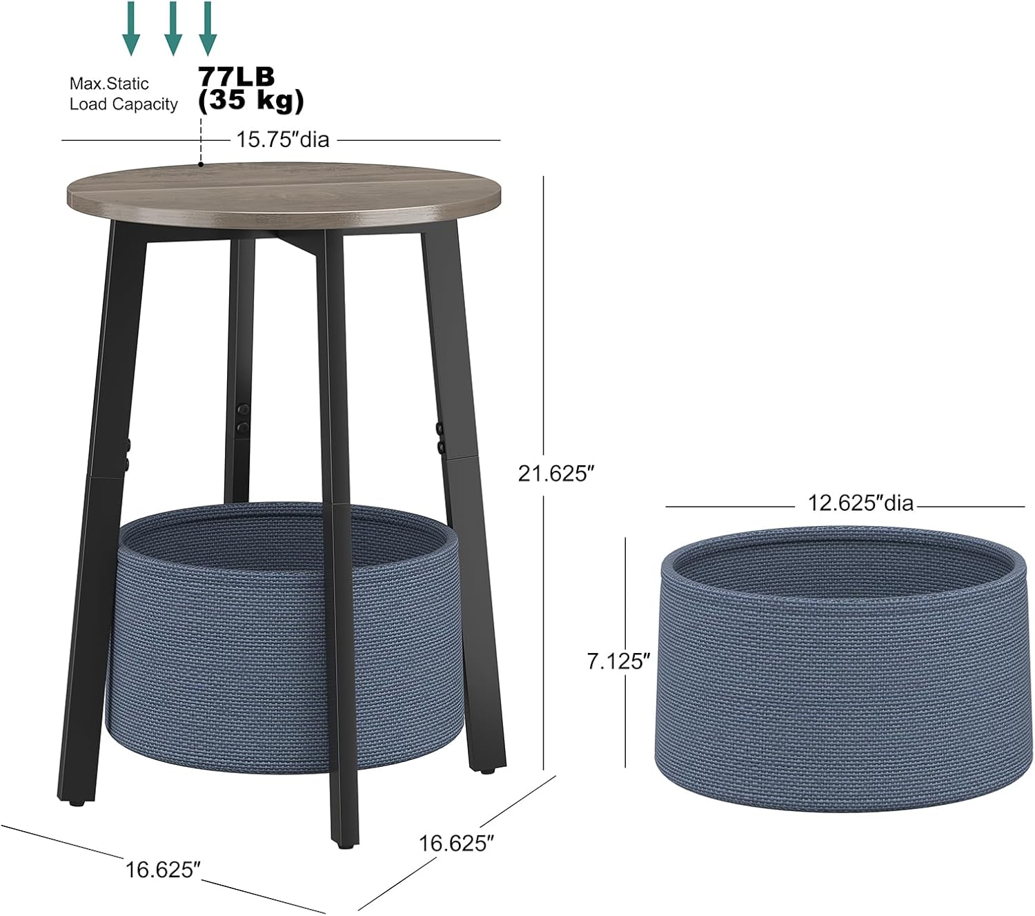 Small Round Side End Table with Cloth Storage Basket, Round Bedside Sofa Couch Coffee Tables for Small Places with Metal Frame, Modern Nighstands for Living Room Bedroom, Grey