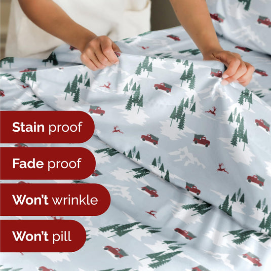 Queen Christmas Tree Sheet Set - Holiday Xmas Pattern Linen Set - Deep Pockets - Snug Fit - 4 Piece - Wrinkle Free - Comfy & Cooling Festive Winter Bedding - Easy To Care For - Kid Friendly