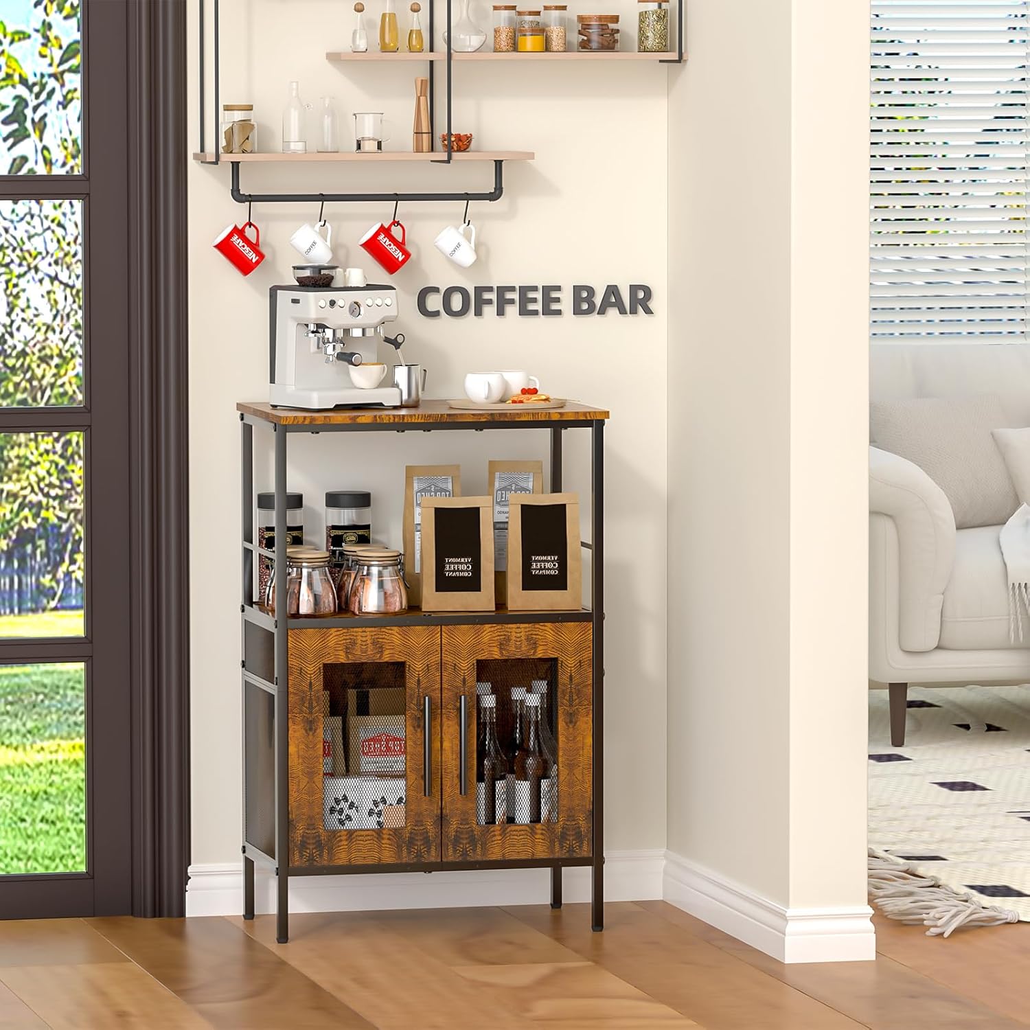 X-cosrack Buffets Coffee Bar Station, 3-Tier Small Coffee Stand Station with Storage, Farmhouse-Style Microwave Cart Featuring 2-Door Cabinet Ideal for Living Room, Entryway, Sideboards