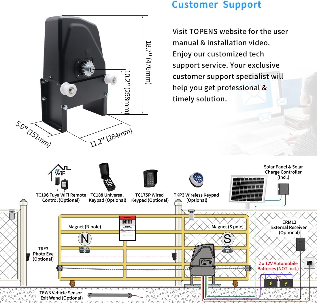 TOPENS DKC1100S Solar Sliding Gate Opener Chain Drive Automatic Gate Motor for Heavy Driveway Slide Gates Up to 2600 Pounds, Electric Gate Operator Battery Powered with Solar Panel Remote Control Kit