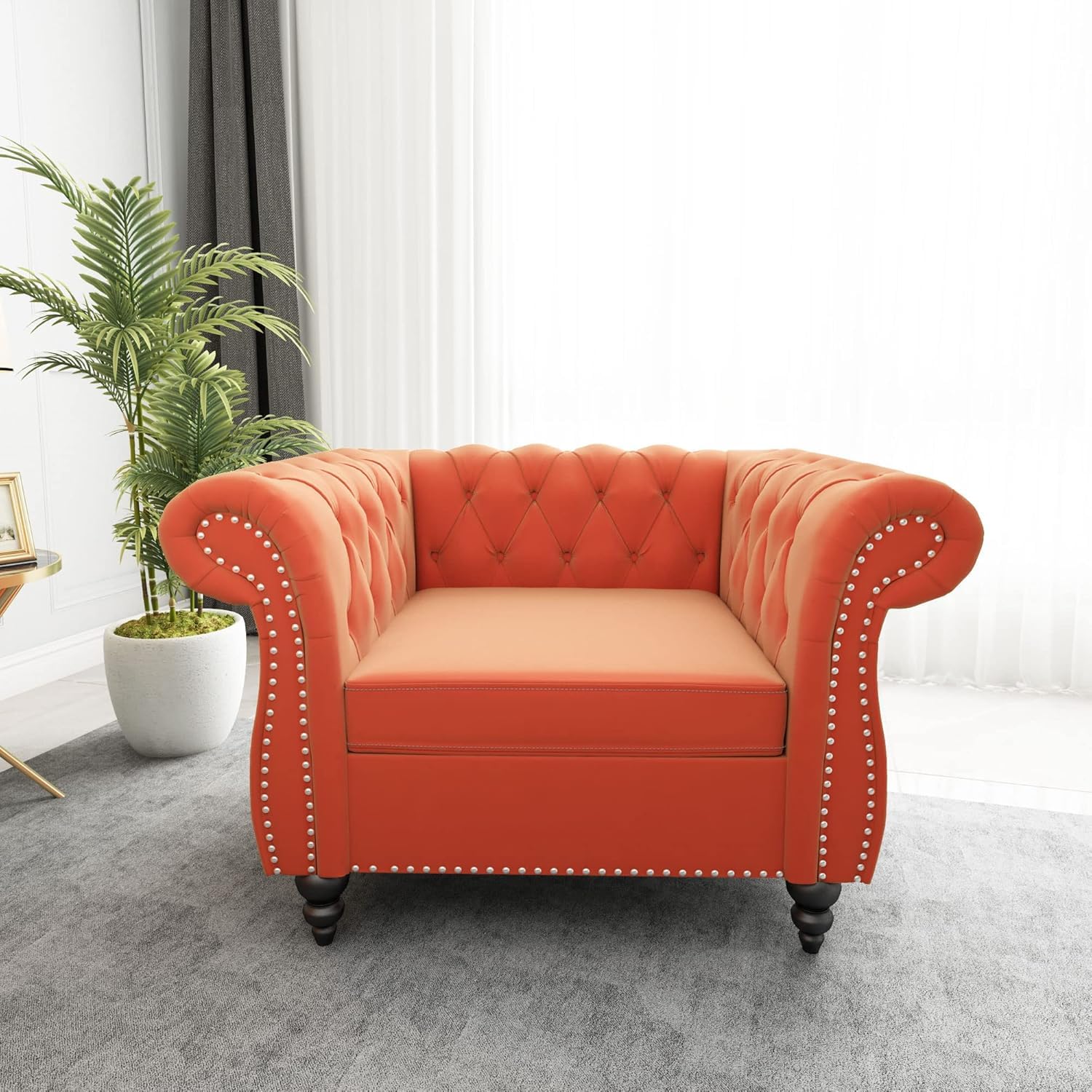 Chesterfield 3 Seater Sofa, Modern Leather Tufted Couch 3 Seater with Rolled Arms and Nailhead Mid-Century Upholstered Couch for Living Room, Bedroom, Apartment and Office, Claret