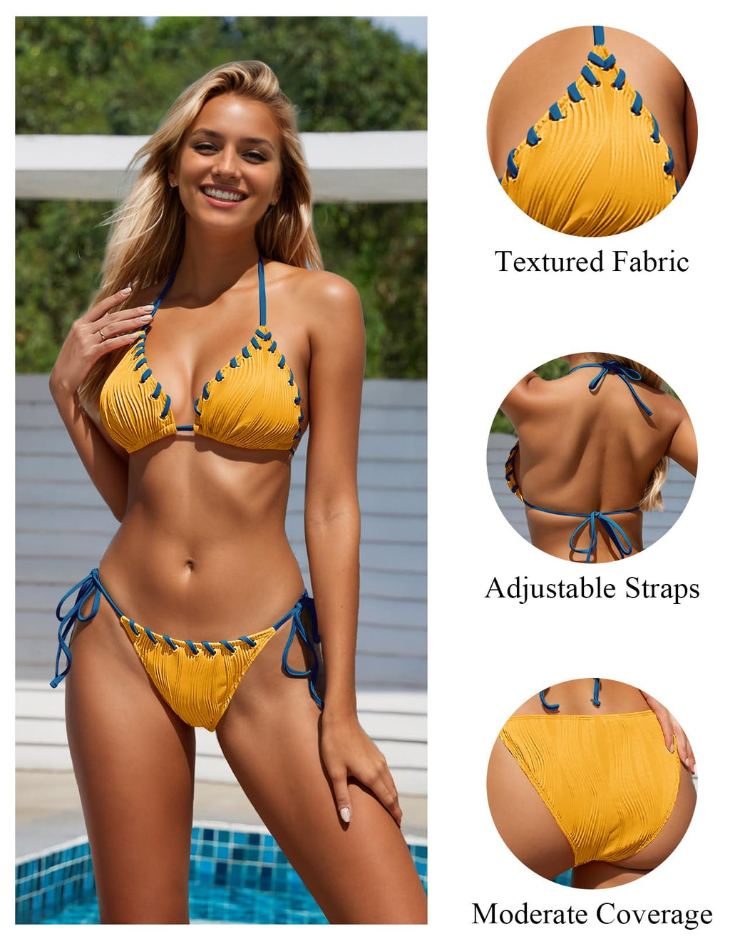 Maillot de bain deux pièces pour femmes Zojuyozio, maillots de bain bicolores, ensemble bikini triangle à cordon halter, jaune et bleu S