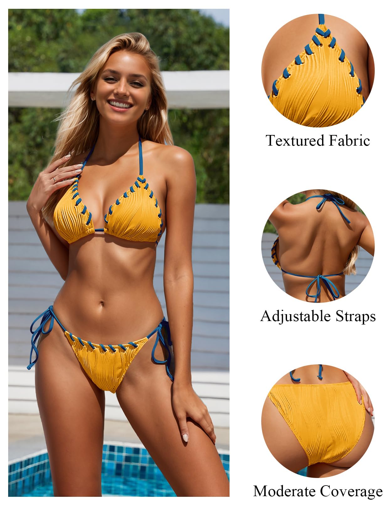 Maillot de bain deux pièces pour femmes Zojuyozio, maillots de bain bicolores, ensemble bikini triangle à cordon halter, jaune et bleu S