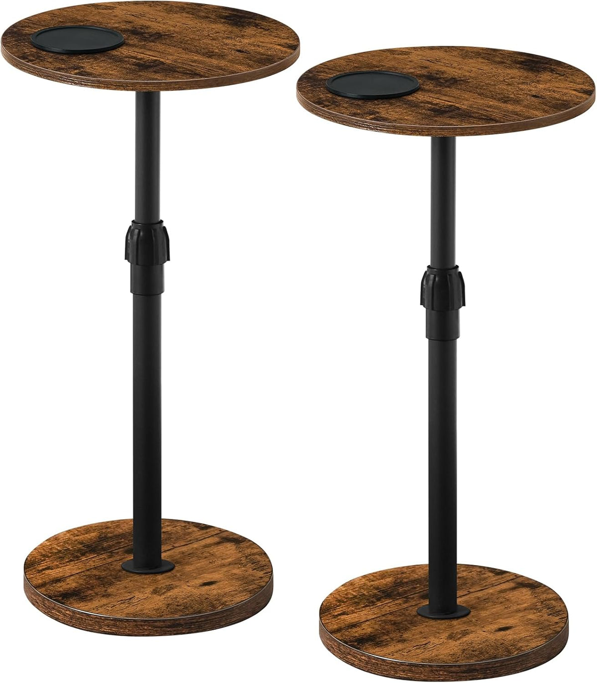 Set of 2 Small Round Side Table, Adjustable Height Drink Table, Pedestal Side Table with LED Light and Cup Mat, Coffee Martini Table, for Small Spaces, Rustic Brown and Black ETHR32E01S2