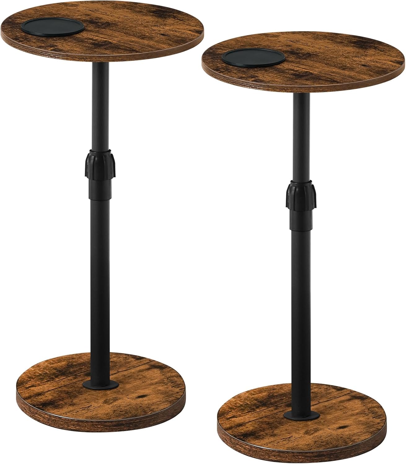 Set of 2 Small Round Side Table, Adjustable Height Drink Table, Pedestal Side Table with LED Light and Cup Mat, Coffee Martini Table, for Small Spaces, Rustic Brown and Black ETHR32E01S2