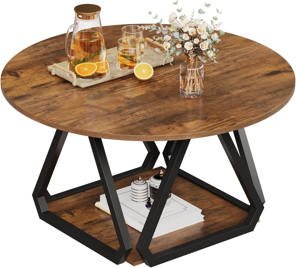 Round Coffee Table, 31.5" 2-Tier Center Table with Storage Shelf, Modern Rustic Circle Wood Coffee Table for Living Room, Apartment (Rustic Brown)