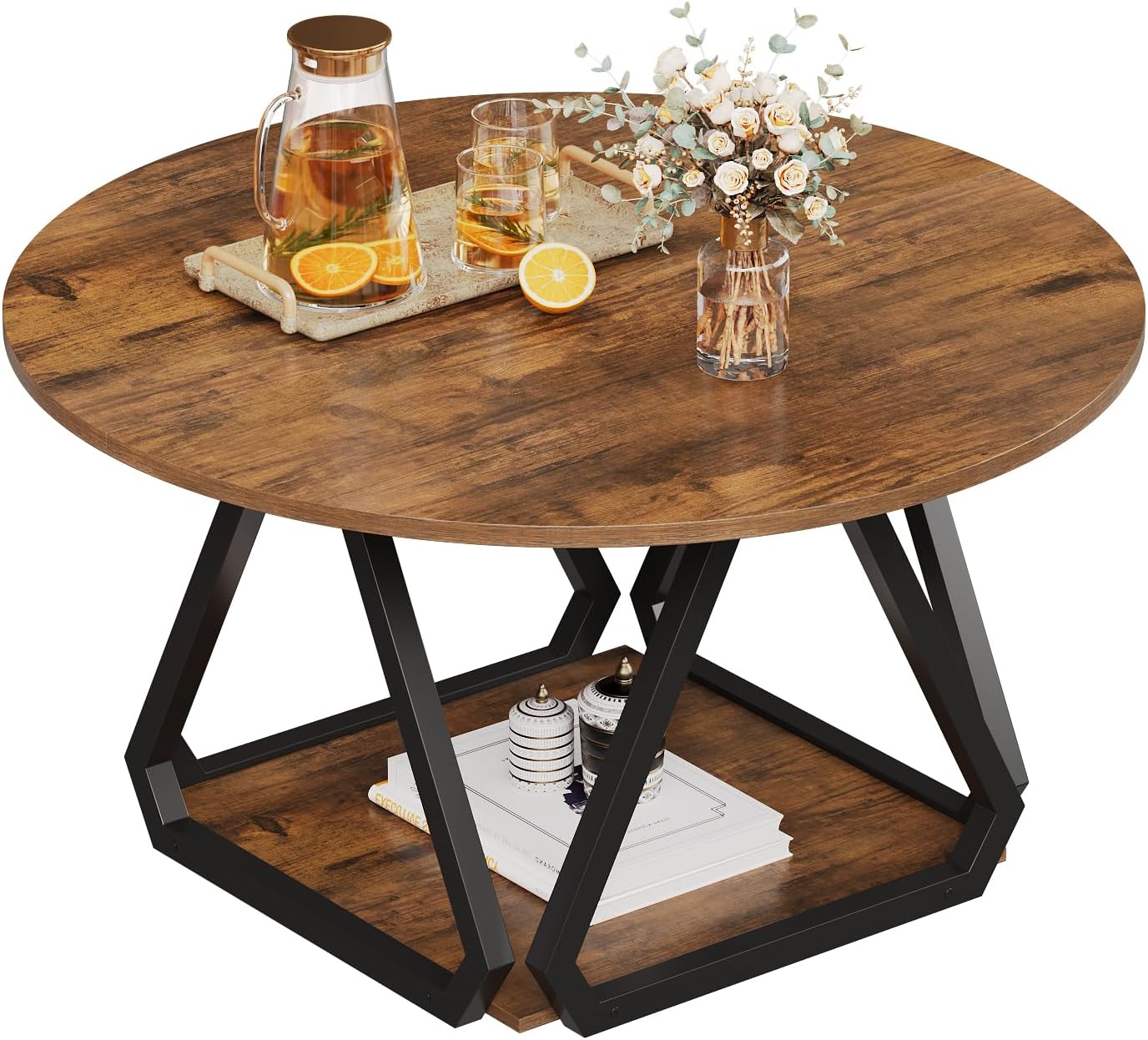 Round Coffee Table, 31.5" 2-Tier Center Table with Storage Shelf, Modern Rustic Circle Wood Coffee Table for Living Room, Apartment (Rustic Brown)