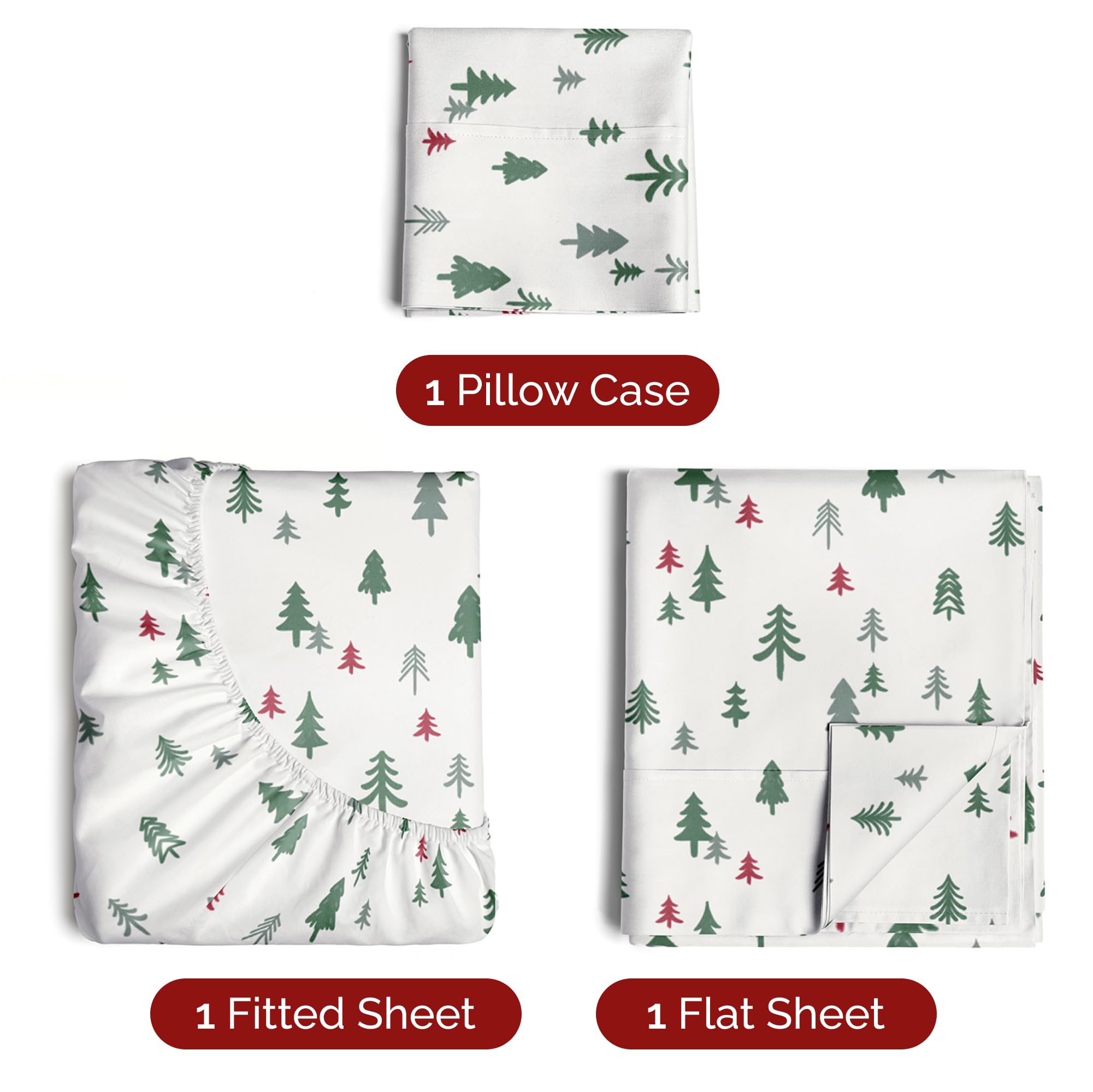 Komplet pościeli King Christmas Tree - Świąteczny wzór Xmas na lnie - Głębokie kieszenie - Dopasowany krój - 4 części - Bez zagnieceń - Wygodna i chłodząca świąteczna pościel zimowa - Łatwa w pielęgnacji - Przyjazna dzieciom