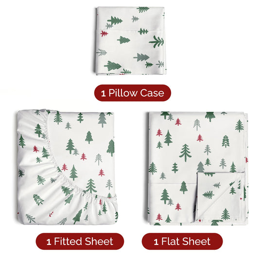 King Christmas Tree Sheet Set - Holiday Xmas Pattern Linen Set - Deep Pockets - Snug Fit - 4 Piece - Wrinkle Free - Comfy & Cooling Festive Winter Bedding - Easy To Care For - Kid Friendly