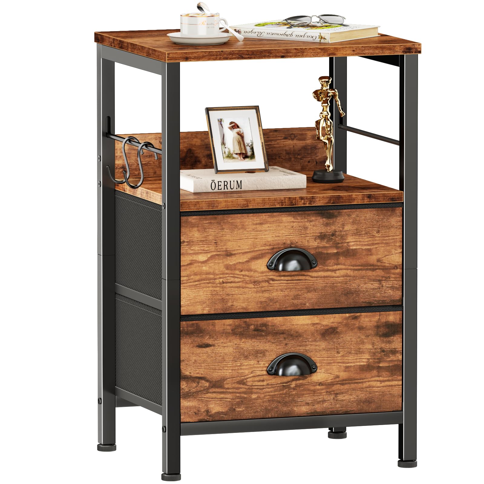 Furologee Nightstands Set of 2, End Table with 2 Fabric Drawers, Night Stand with 2 Hooks, Open Wood Shelf Bedside Table for Bedroom/Living Room/White