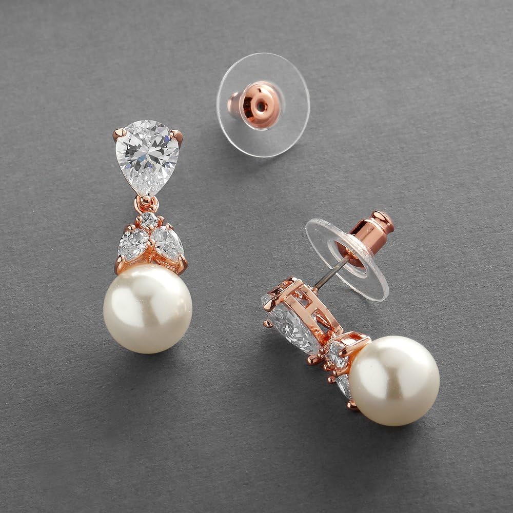 Mariell Pearl Drop Bridal Earrings with Cubic Zirconia Crystals and Ivory Pearls For Brides, Bridesmaids, Weddings, Jewelry Gift for Women