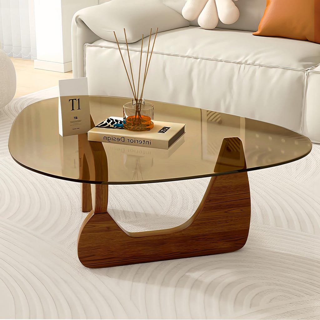 Modern Glass Coffee Table, 32.3″D×25.6″W×15.8″H-Abstract Unique Mid Century Triangle Center Table for Living Room, Minimalist Middle Tables for Home Office, Wooden Base