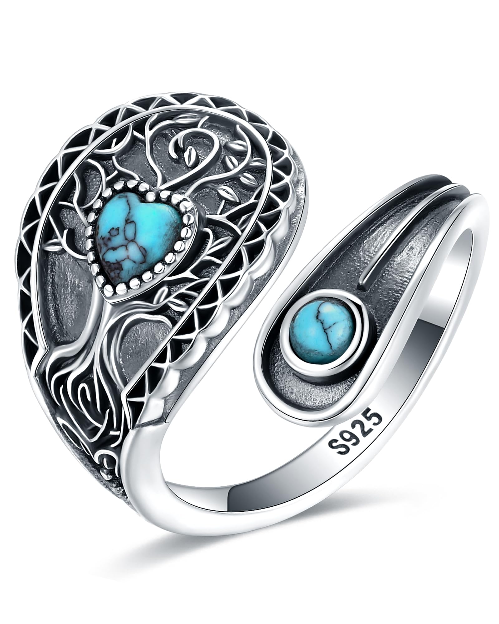 S925-Sterling-Silver Turquoise Dragonfly/Butterfly Spoon Ring - Vintage Boho Sunflower Thumb Rings Oxidized Wrap Ring Victorian Style Antique Floral Jewelry Gifts for Women