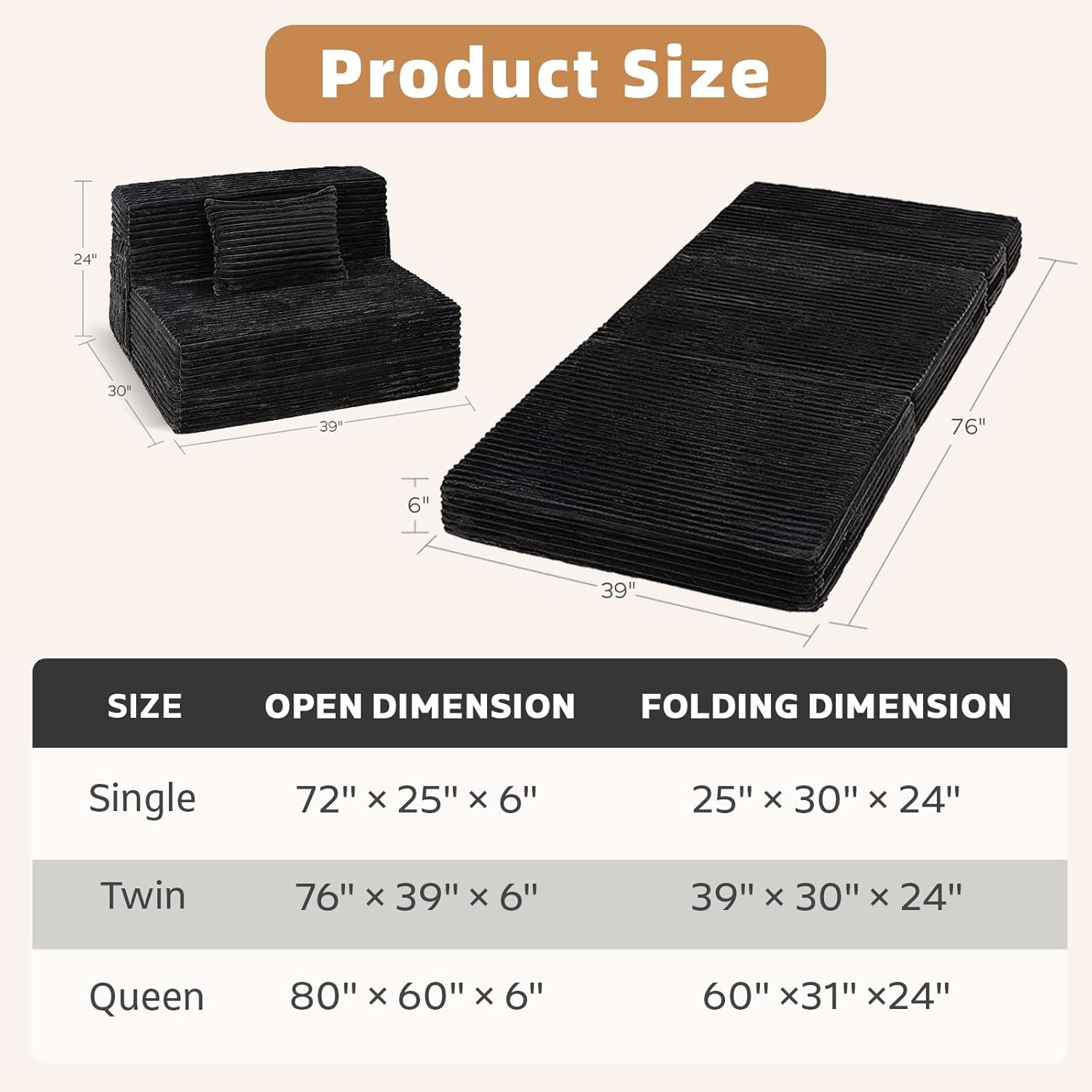 Folding Sofa Bed Twin - 4 in 1 Convertible Foldable Sleeper Chair with Pillow, Fold Out Couch, High-Density Foam Floor Mattress, Space-Saving Futon for Living Dorm Guest Room and Office, Grey