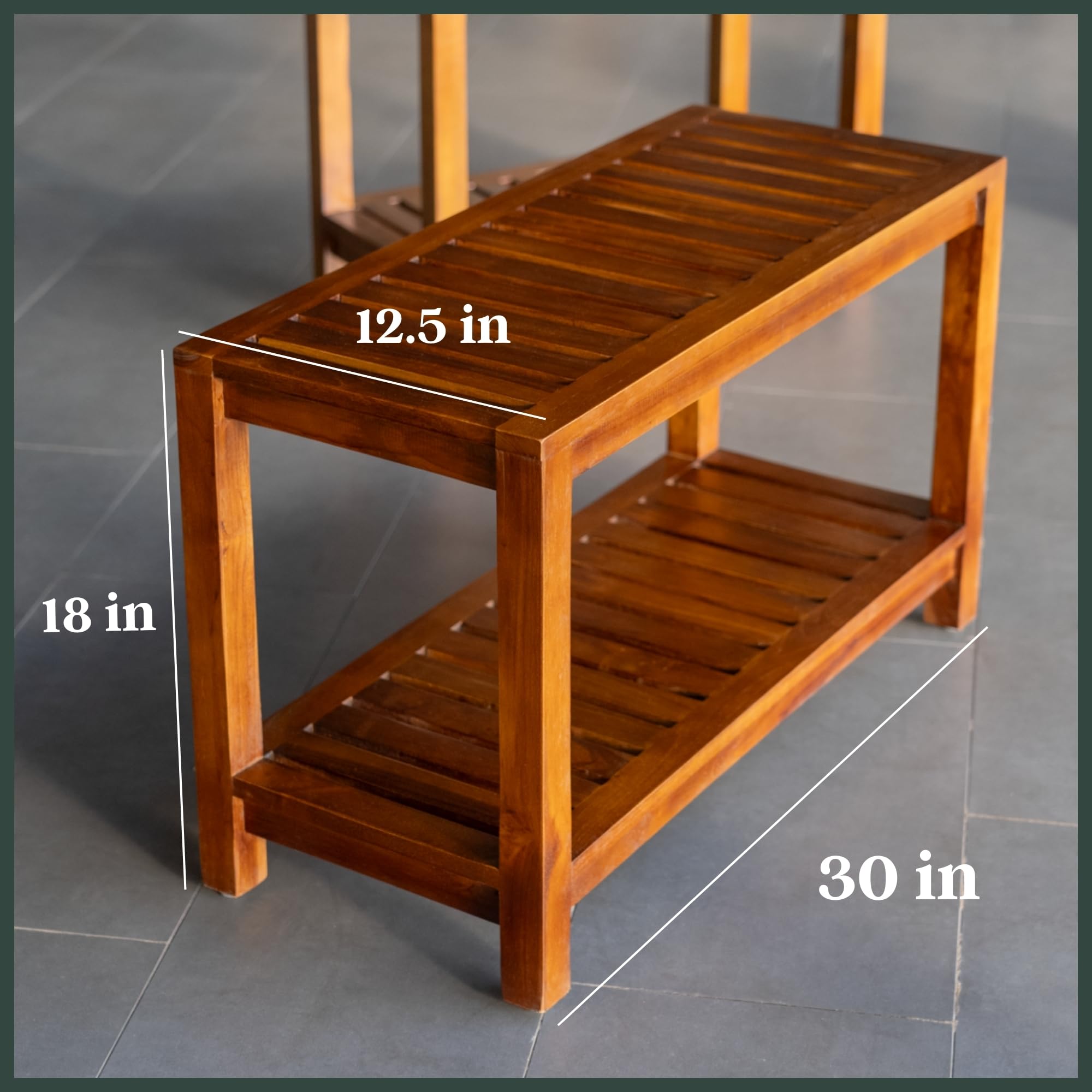 Teak Wood Shower Bench - 30 Inch Fully Assembled Bench with Shelf | Water Resistant, Non-Slip Adjustable Feet for Inside Shower