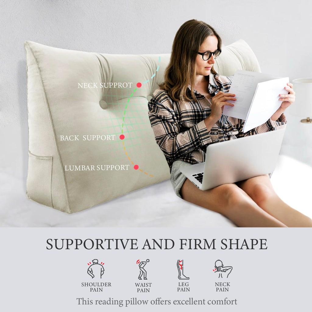 11 lbs Thickened Queen Headboard Pillow for Sitting Up in Bed, Back Support Reading Pillow with Side Pocket and Velvet Removable Cover, Triangular Large Wedge Headboard Pillow