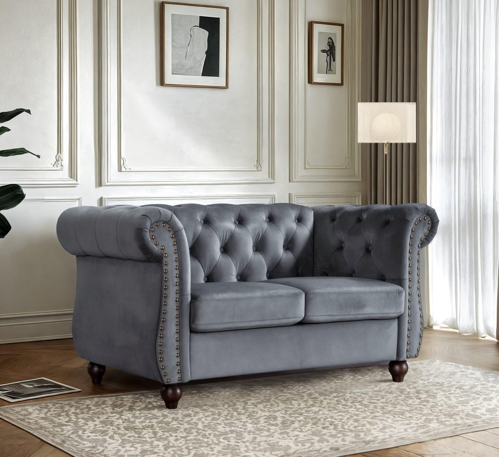 Container Furniture Velvet Chesterfield Couch, Button-Tufted Backrest, Rolled Arms, High-Density Foam with Spring Support, Elegant Accent Piece, Sofa, Dark Blue