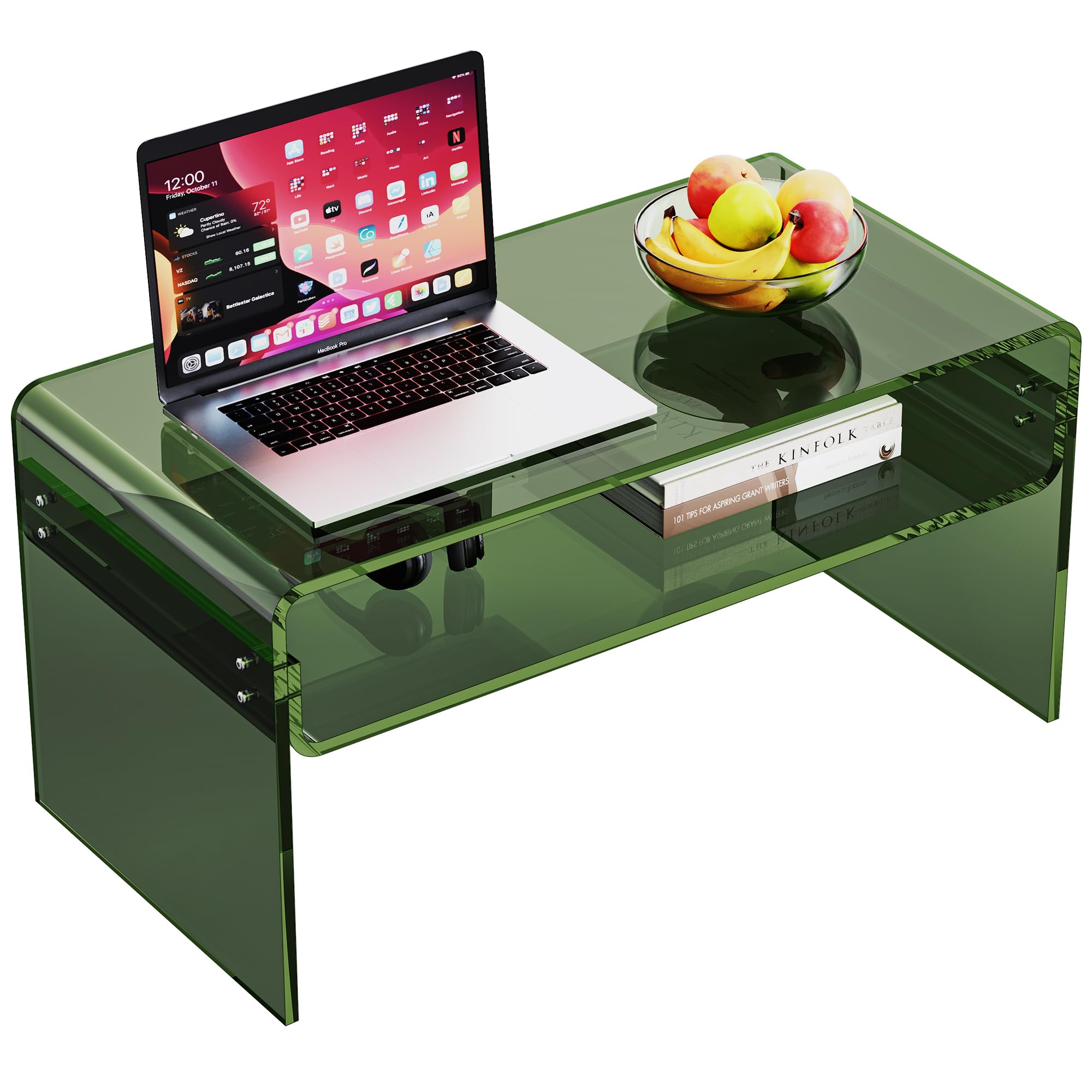 Acrylic Coffee Table for Living Room Clear Rectangle Lucite Table with Open Storage Shelf (1, Green, Large)