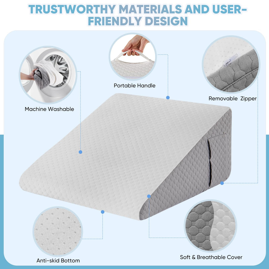 Forias Wedge Pillow for Acid Reflux Relief 12" Bed Wedge Pillow for Headboard Triangle Pillow Wedge for Sleeping Post Surgery Legs Back Pain Gerd Snoring, Soft Memory Foam Top & Washable Cover