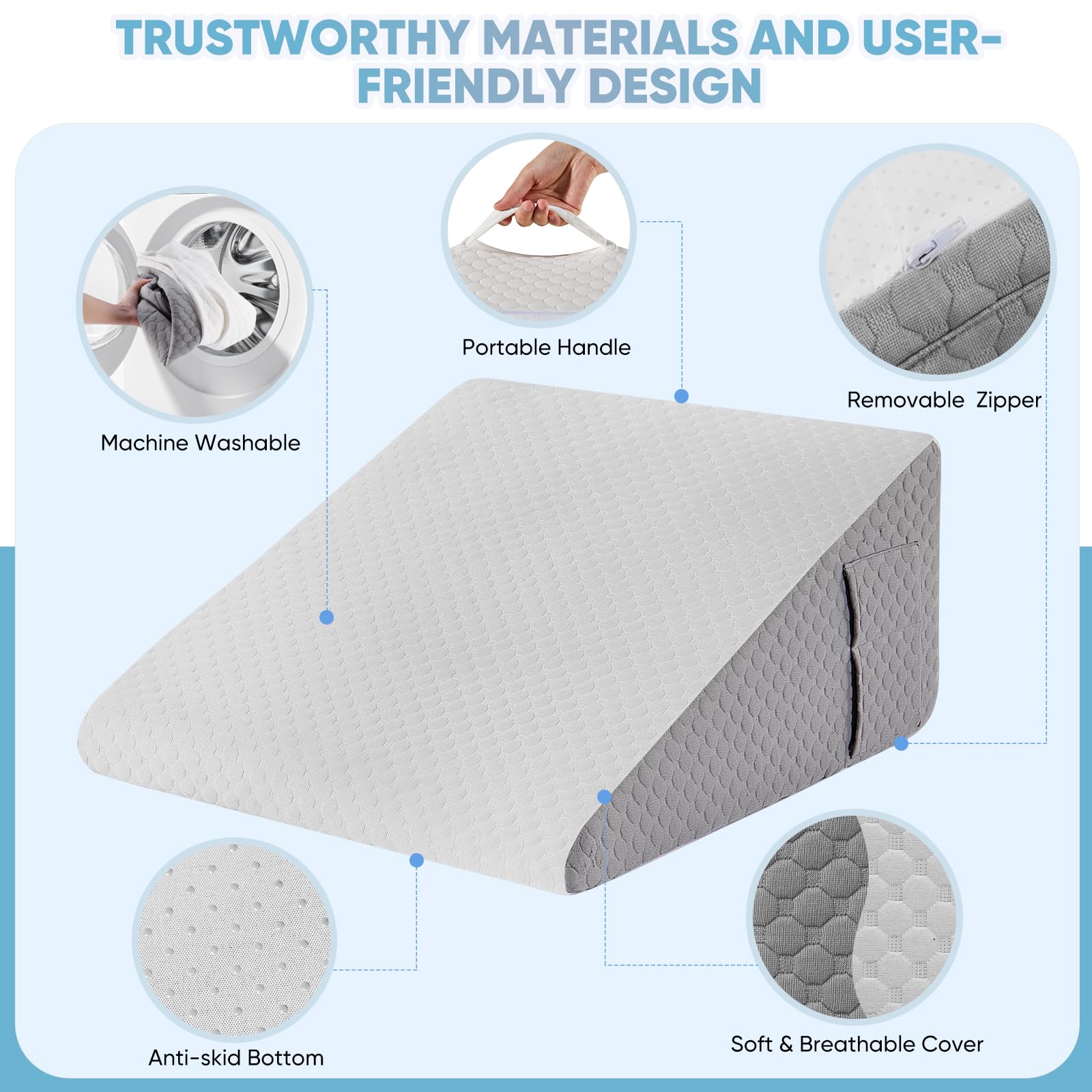 Forias Wedge Pillow for Acid Reflux Relief 12" Bed Wedge Pillow for Headboard Triangle Pillow Wedge for Sleeping Post Surgery Legs Back Pain Gerd Snoring, Soft Memory Foam Top & Washable Cover