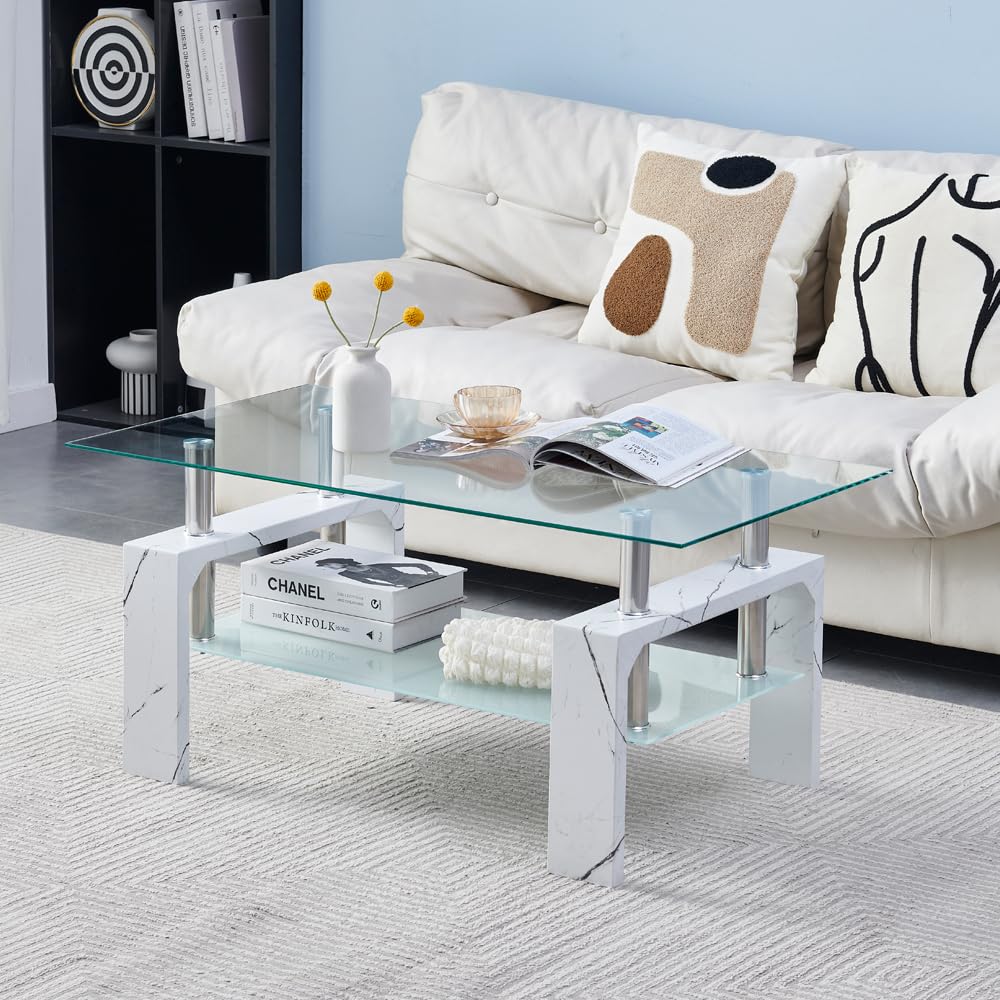 Btrpily Living Room Rectangle Coffee Table, Tea Table Suitable for Waiting Room, Modern Side Coffee Table with Wooden Leg, Glass Tabletop with Lower Shelf, 39.5D x 23.5W x 17.5H in, Black