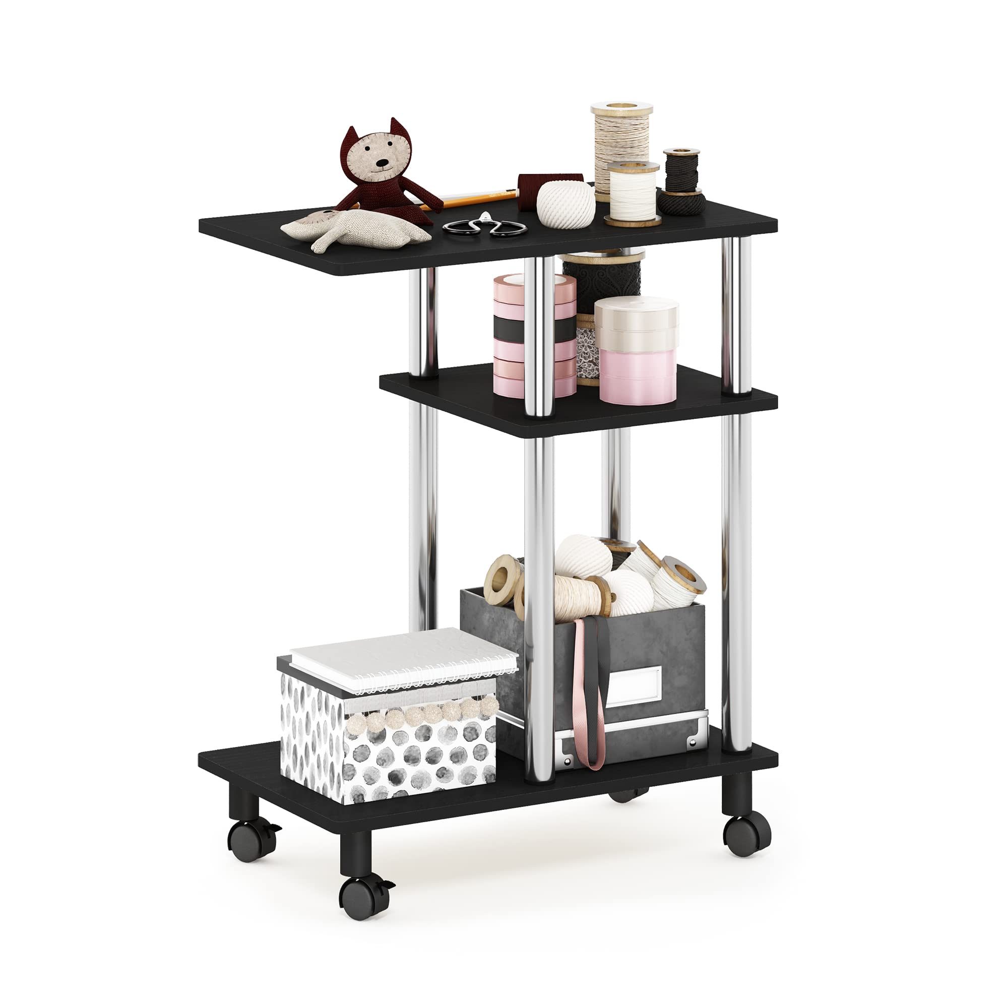 Furinno Turn-N-Tube C Shaped Side Table with Casters, Amber Pine/Black