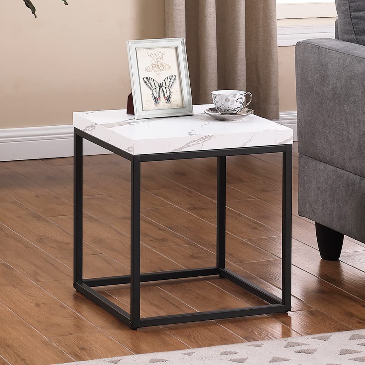CENSI 18-Inch Grey Wash Accent End Table/Side Table for Living Room, Modern Industrial, Square, Metal and Wood (French Oak)
