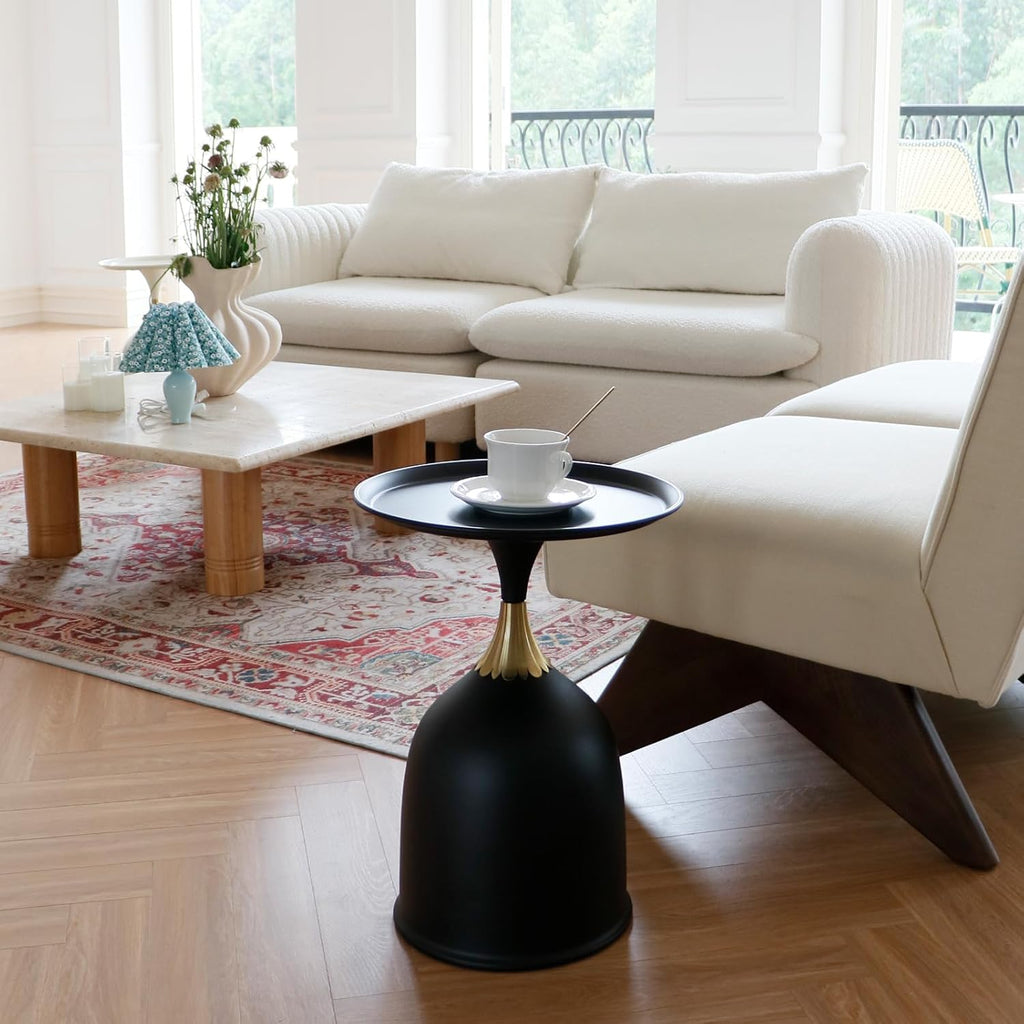 seonyou Small Round Side Table, Black Accent Modern Minimalist Metal Circle Pedestal End Table, Unique Fluted Drink Martini Tables for Small Spaces