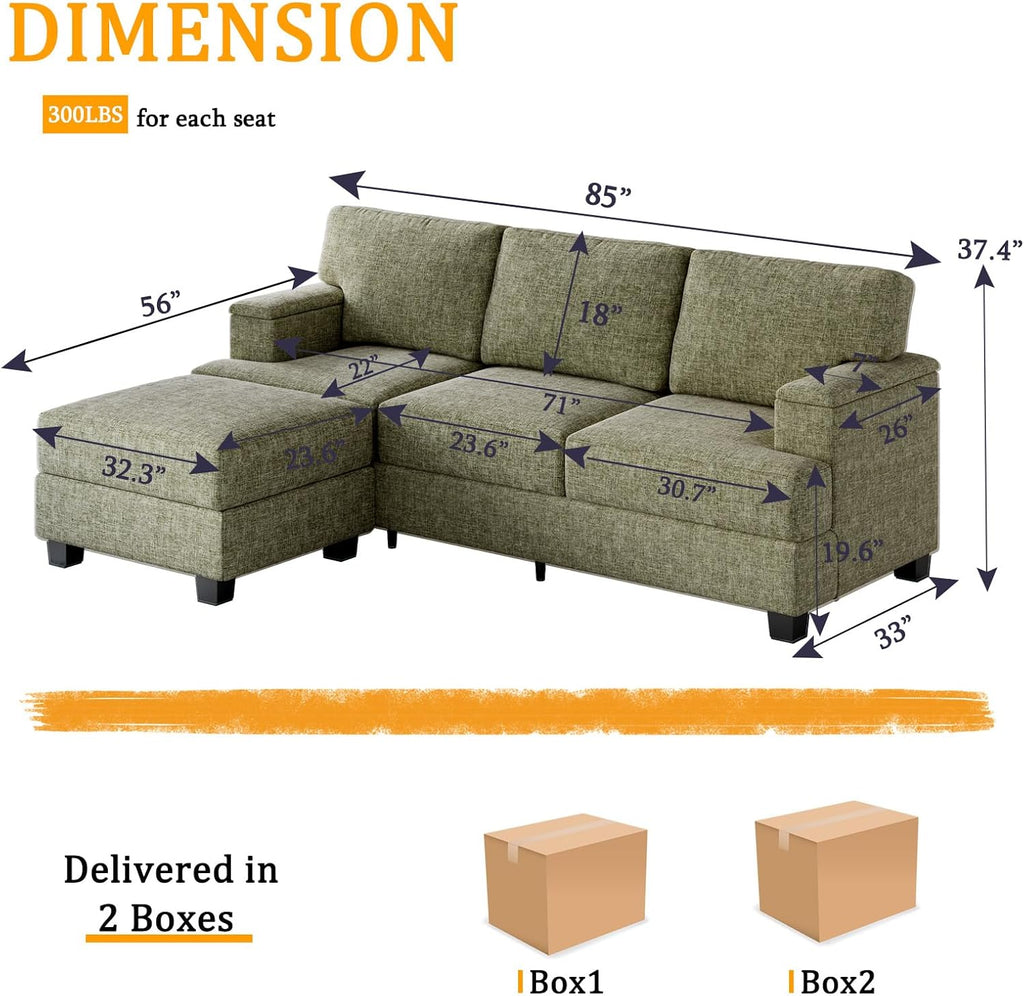 85'' L Shaped Couch with Armrest Organizer,Comfy 3 Seats Sofa with Thick Cushion,Chenille Sectional Couches for Living Room,Bedroom,Apartment,Sofa Set with Oversized Chair,Home Furniture,Green