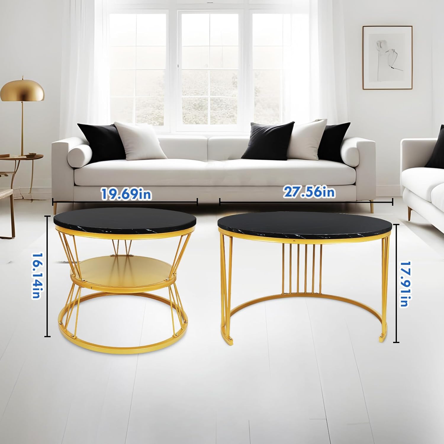 Round Nesting Coffee Tables Set: Black Gold Marble Coffee Table Set of 2 - Modern Metal Stacking Side Table for Living Room Small Spaces